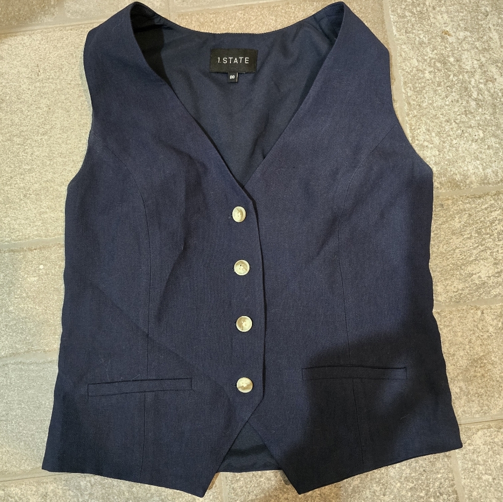 NWOT 1STATE Buisness Casual Office Old Money Navy Blue Button-Up Vest Small XS - Picture 3 of 4